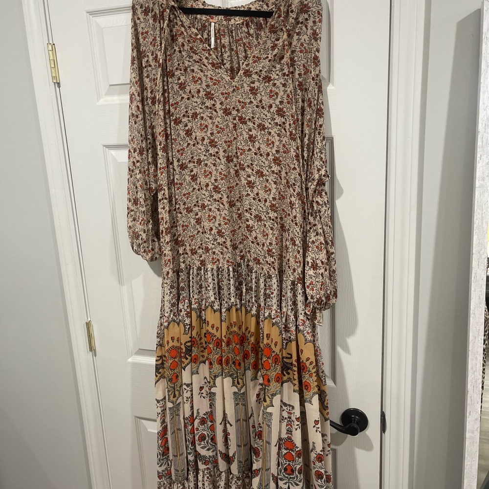 Free People Floral Maxi Dress in Cream and Brown